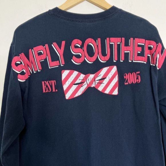 Vintage Simply Southern Shirt Womens Medium Blue Pink Long Sleeve Bow Spell Out - Picture 2 of 8